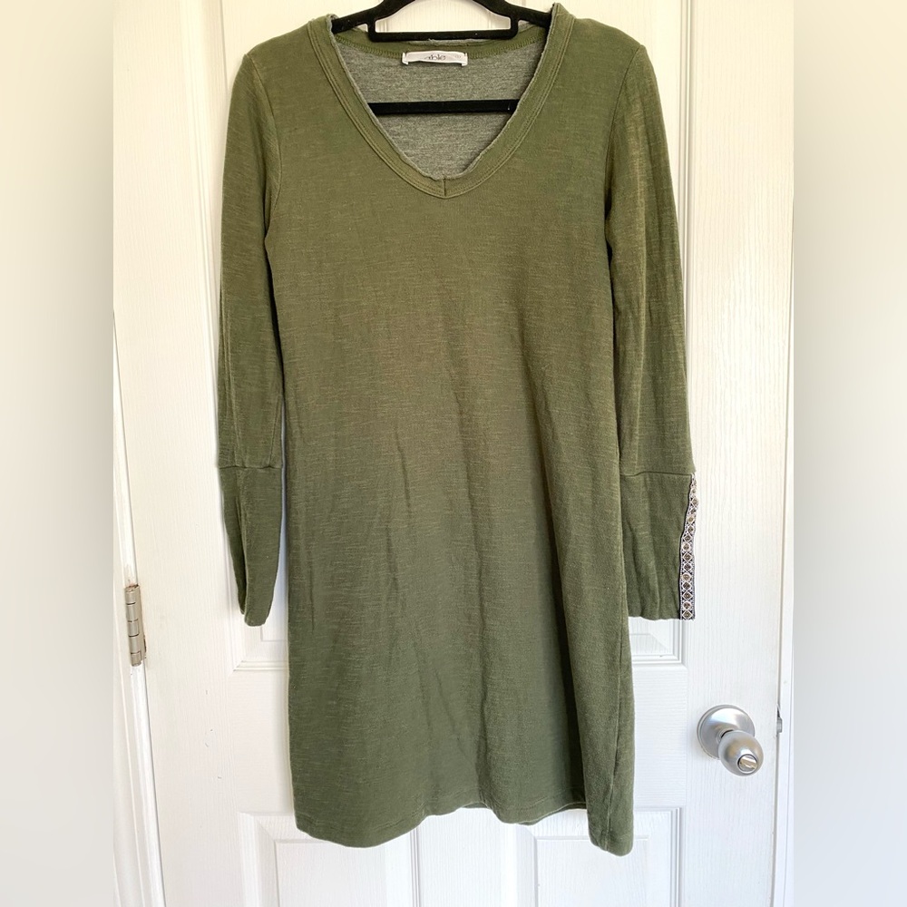 ABLE Cotton V-neck Embroidered Cuff Long Sleeve Mini Dress USA Made Size S